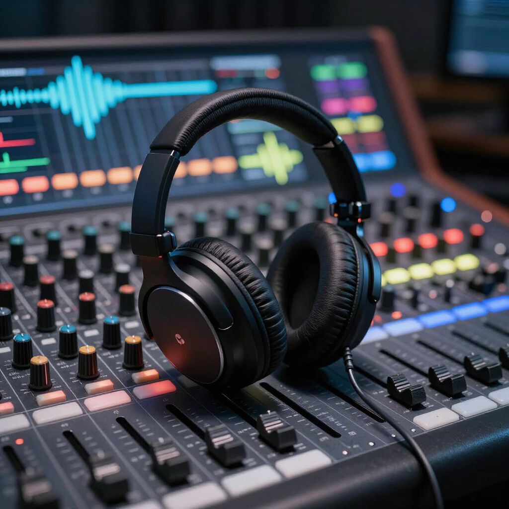 Headphones resting on a sound mixing console with a display showing audio waveforms.