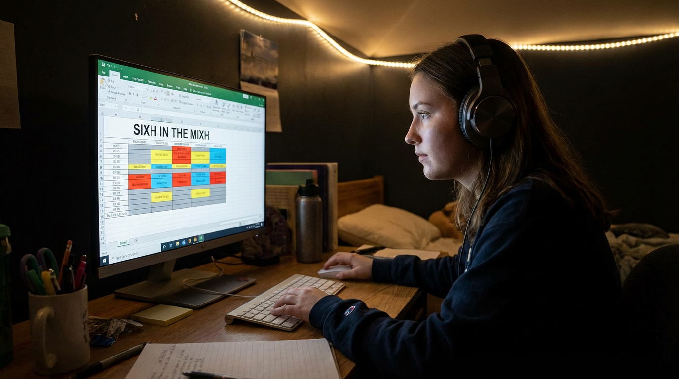 Person wearing headphones types on a computer in a dimly lit room, looking at a spreadsheet.