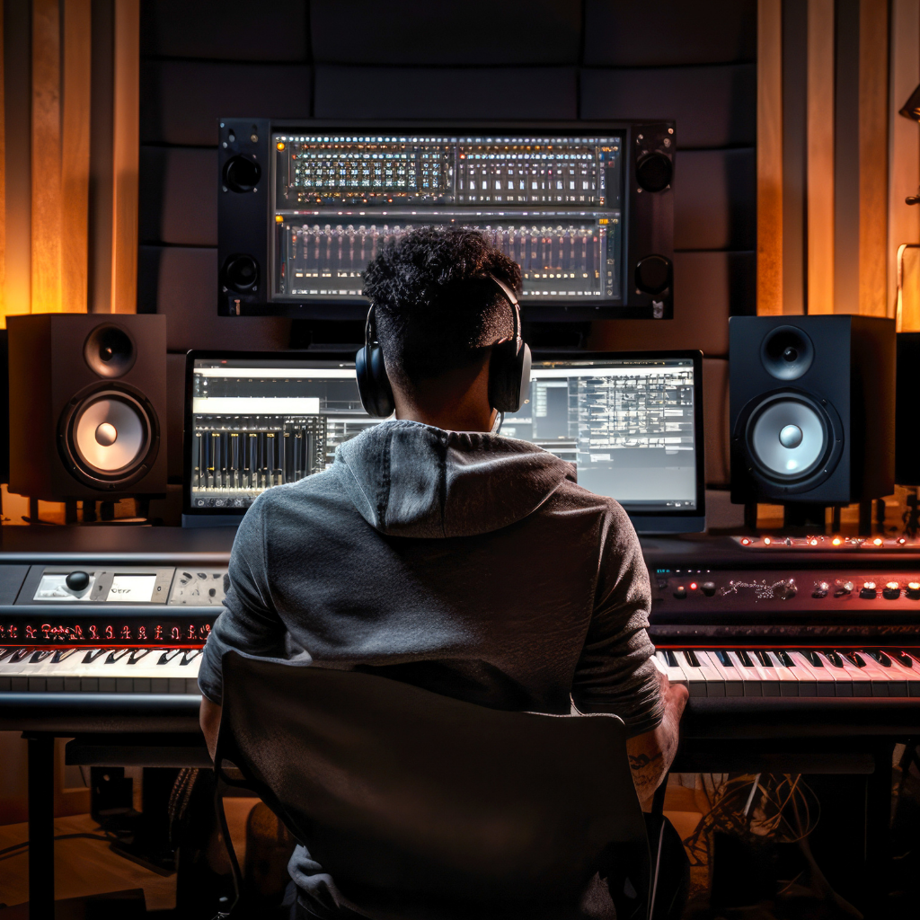 Person wearing headphones at a music studio mixing console, surrounded by monitors and speakers.