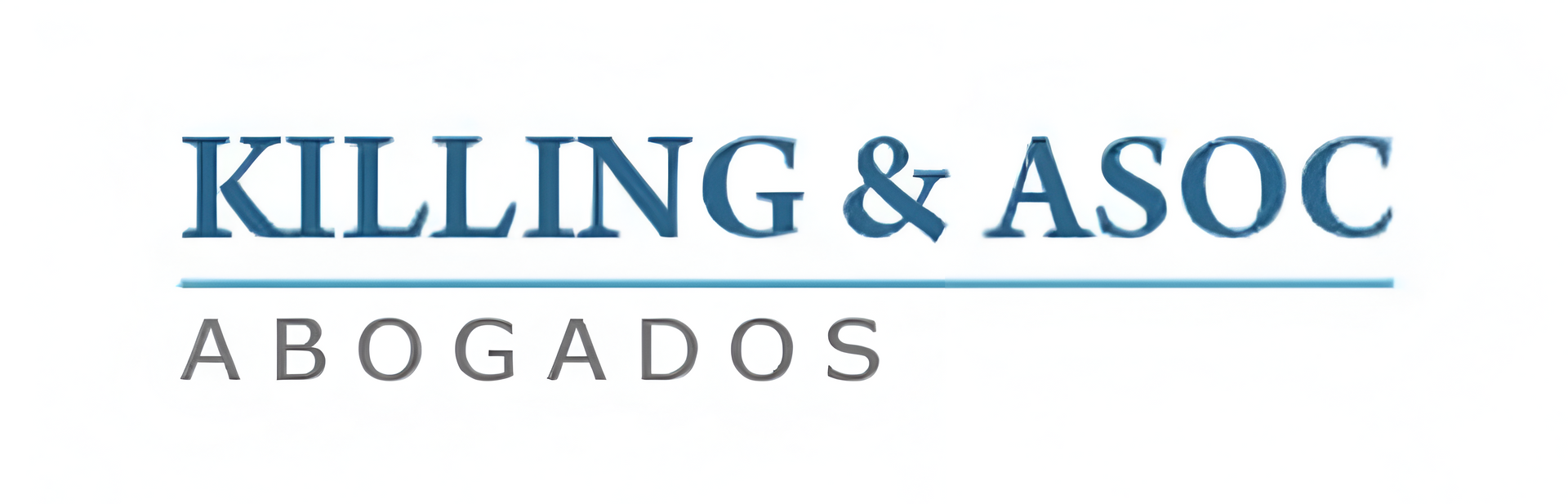 Logotipo de Killing & ASOC, Estudio Jurídico. Texto azul con una línea horizontal sobre texto gris sobre fondo blanco.