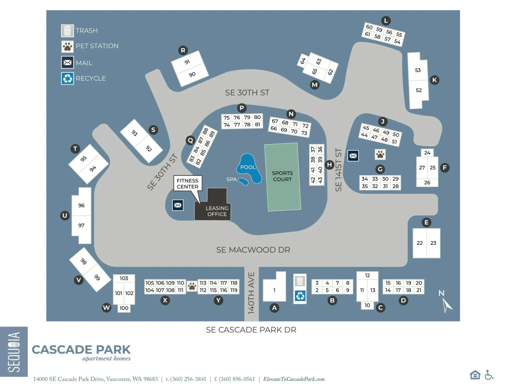 Apartment complex map: Cameron Oaks. Buildings labeled A-L. Roads, parking, pool. Blue, white, gray.