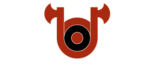 A red and black logo with a black circle in the middle on a white background.