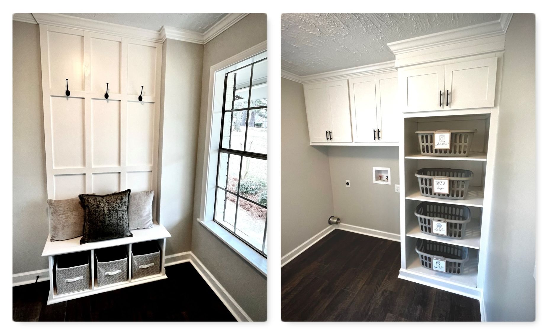 Two pictures of a laundry room with a bench and shelves