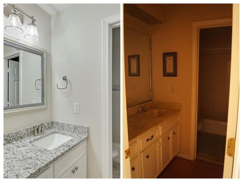A before and after photo of a bathroom with a sink and mirror