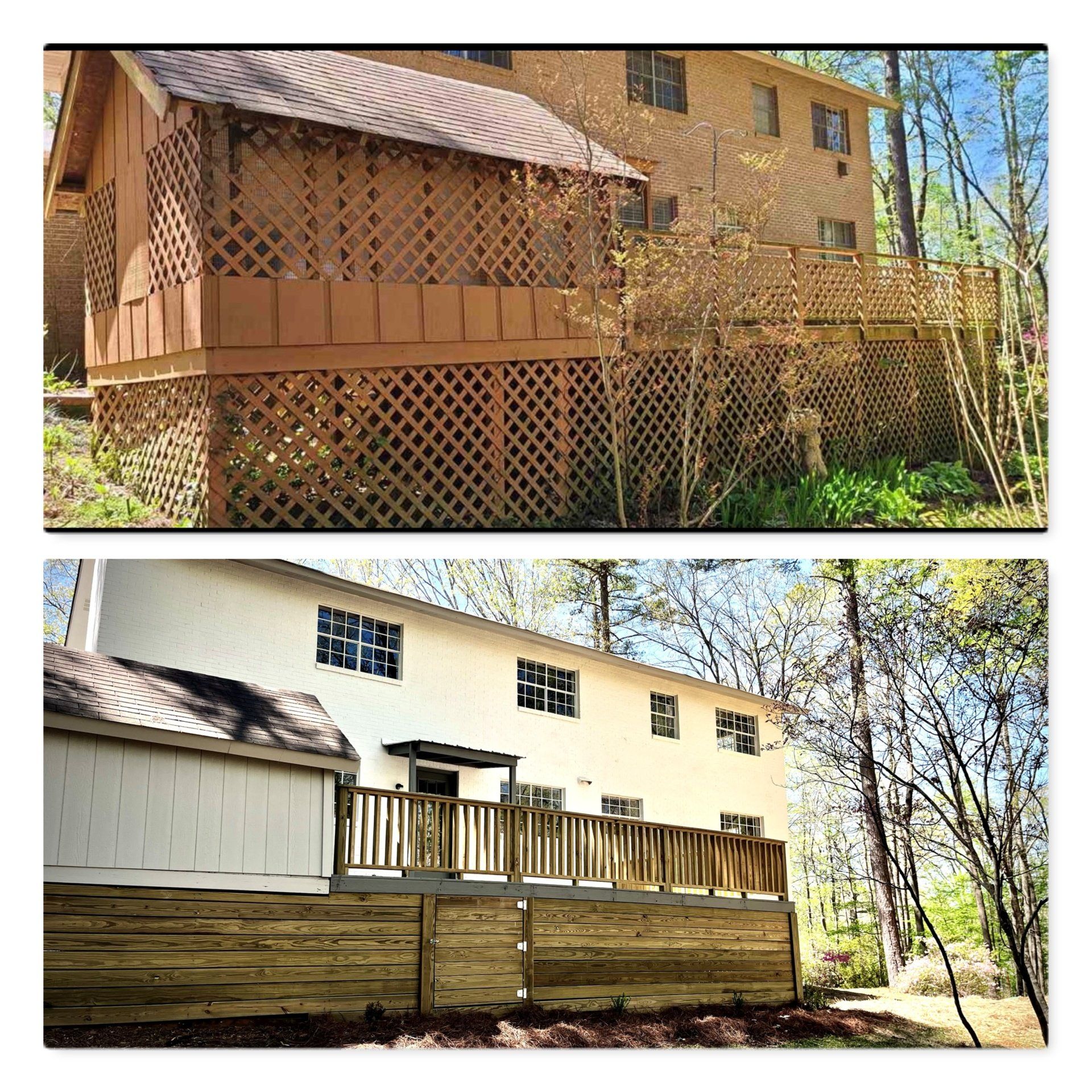 A before and after picture of a house with a deck