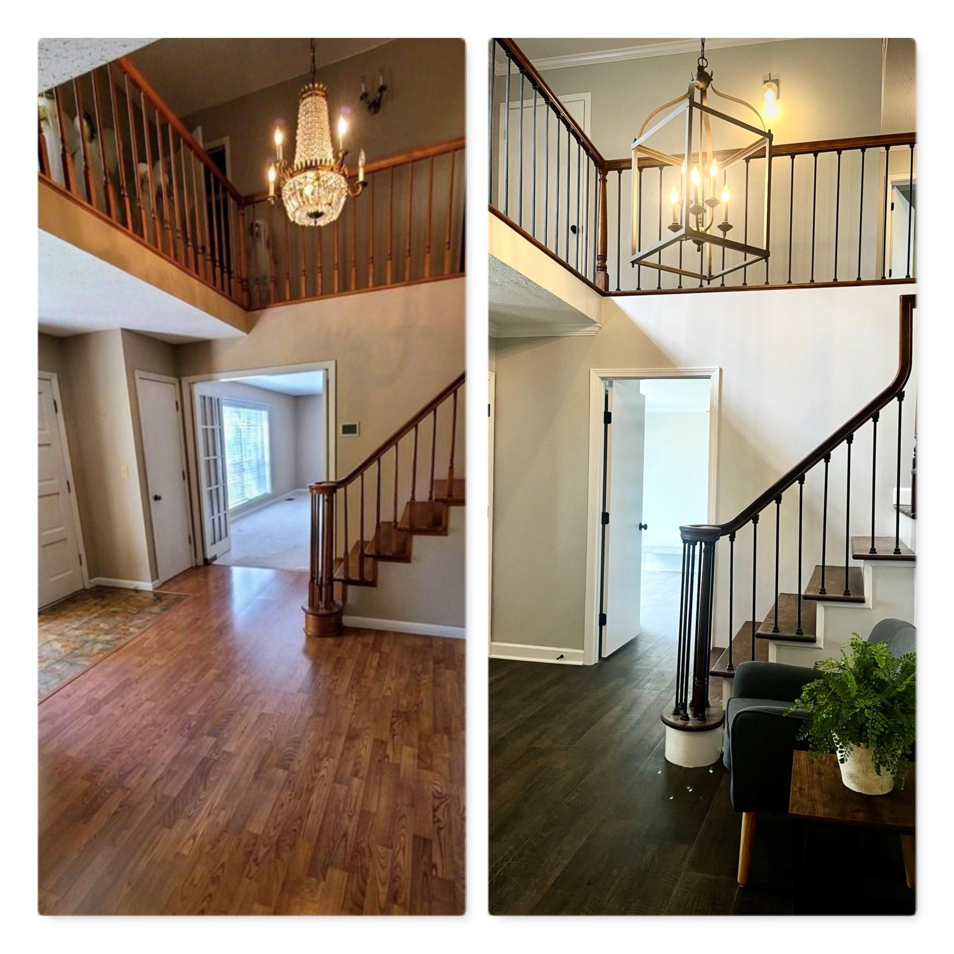 A before and after photo of a staircase in a house.