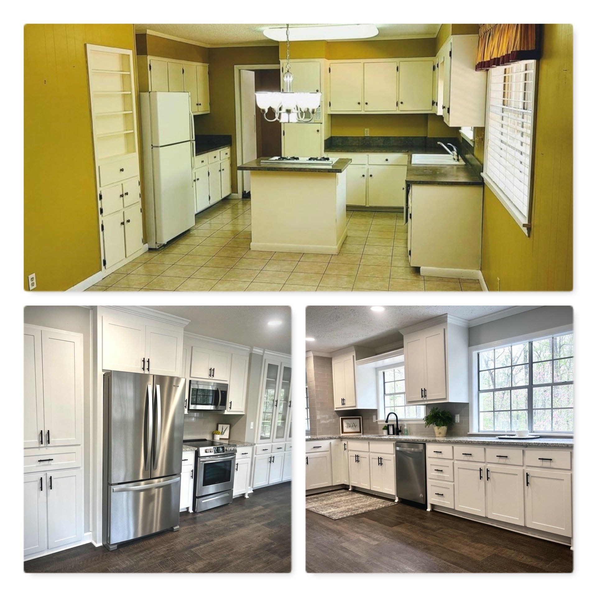 A before and after photo of a kitchen with white cabinets and stainless steel appliances