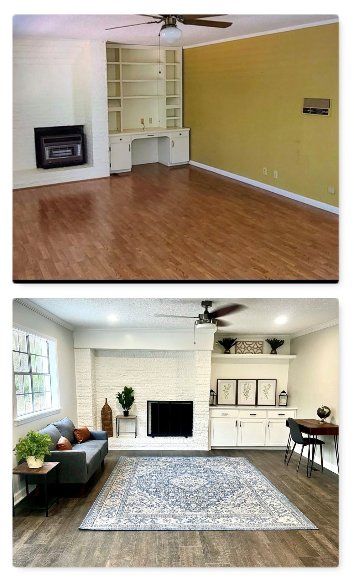 A before and after photo of a living room with hardwood floors and a fireplace.