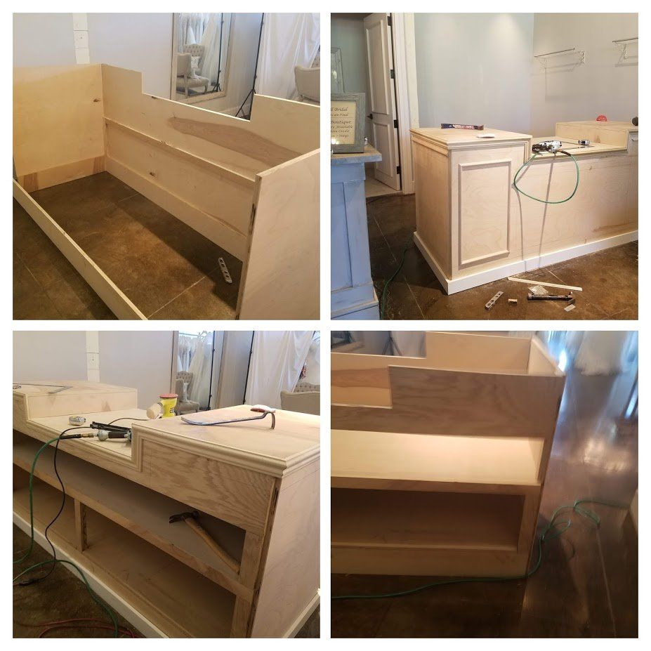 A collage of four pictures of a wooden counter being built