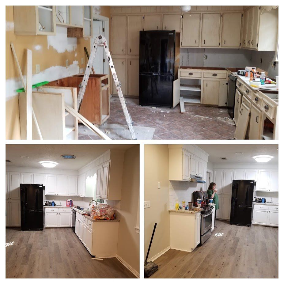 A before and after photo of a kitchen being remodeled