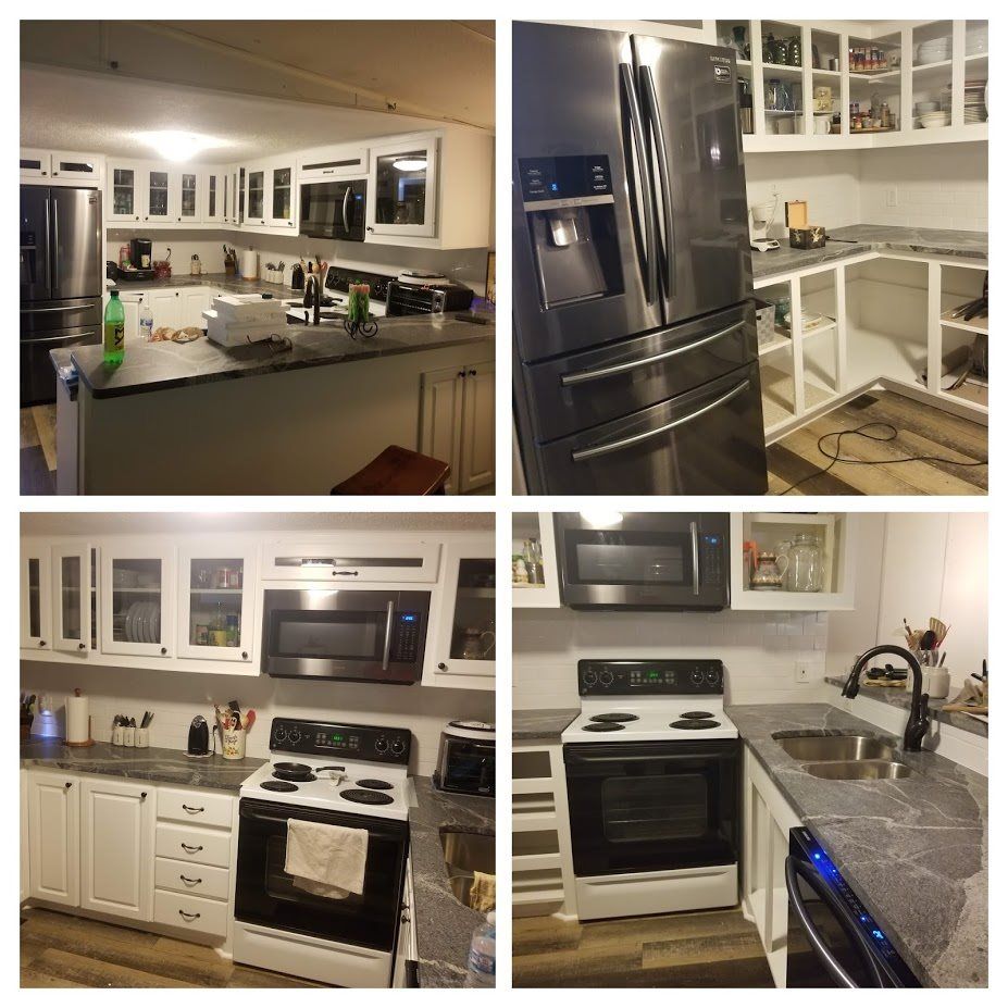 Four pictures of a kitchen with stainless steel appliances