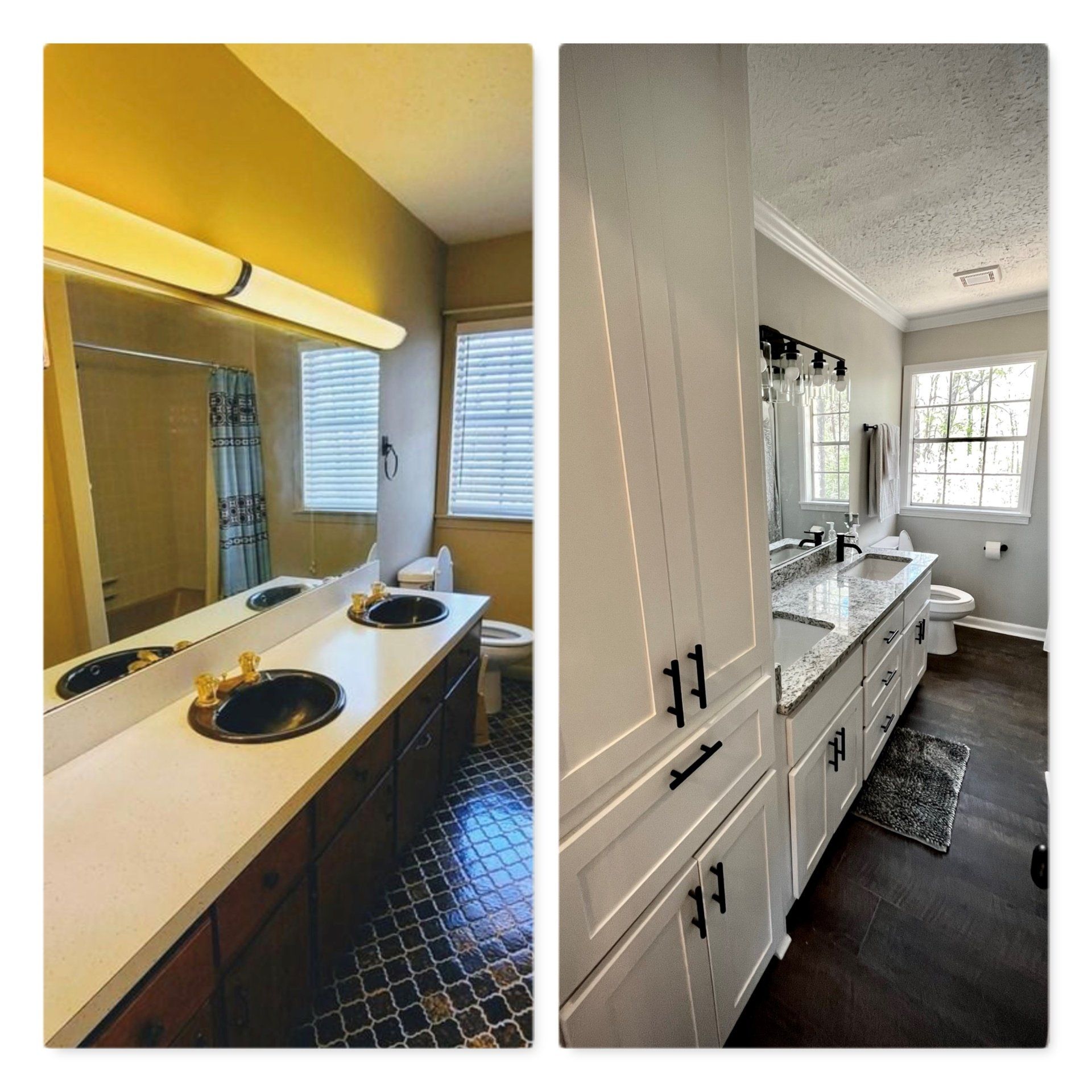 A before and after photo of a bathroom with two sinks and a toilet.