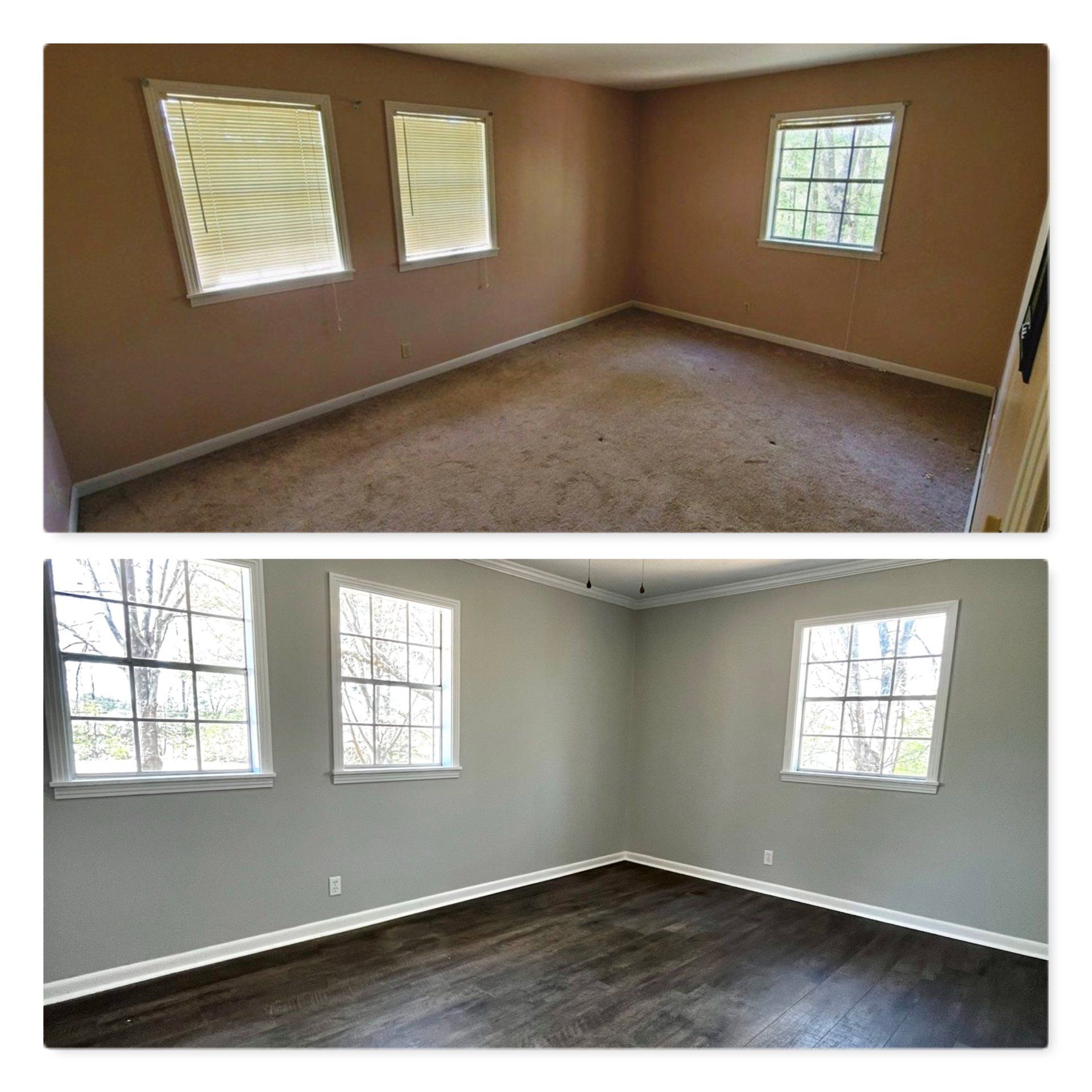 A before and after photo of a bedroom with carpet and hardwood floors.