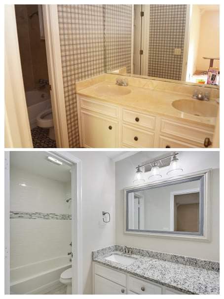 A before and after photo of a bathroom