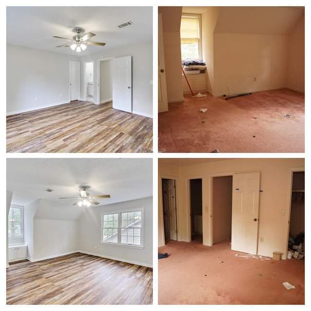 A collage of four pictures of a bedroom before and after being remodeled.
