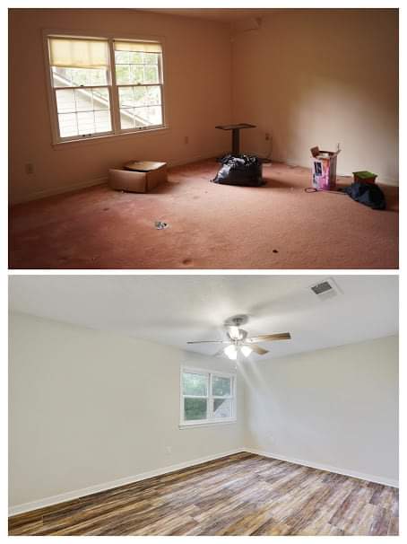 A before and after photo of a living room with a ceiling fan.