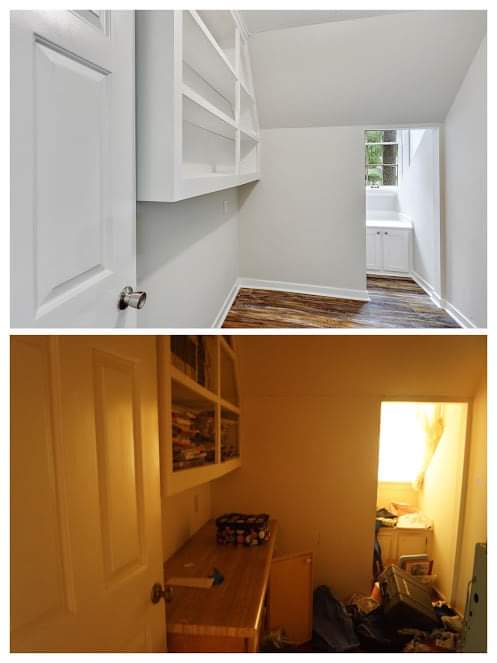 A before and after photo of a room with shelves and a desk