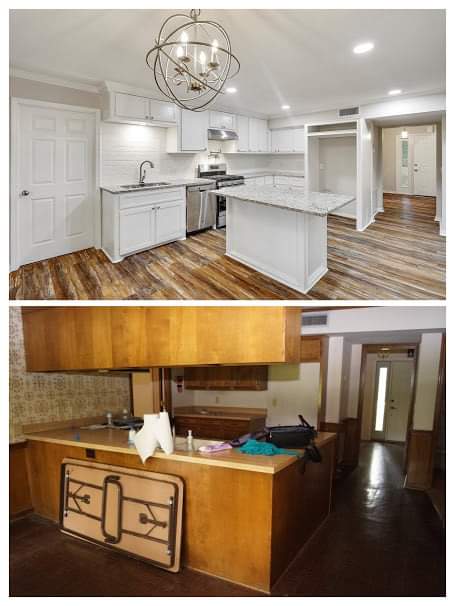 A before and after photo of a kitchen with white cabinets