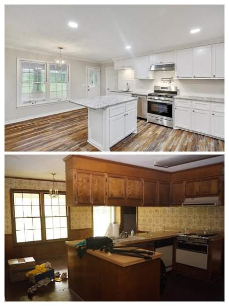A before and after photo of a kitchen being remodeled.