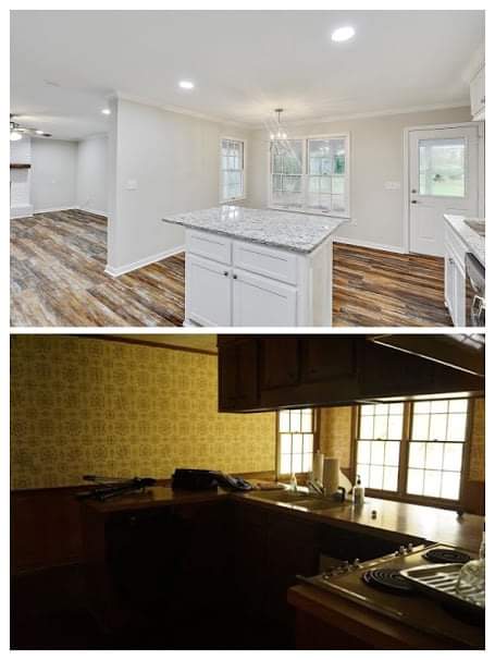 There is a before and after picture of a kitchen.