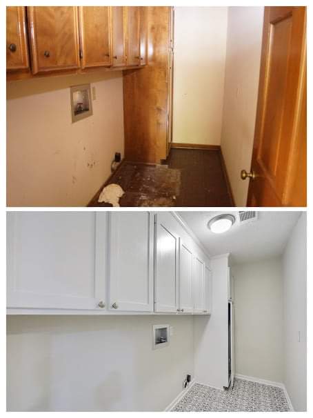 A before and after photo of a laundry room