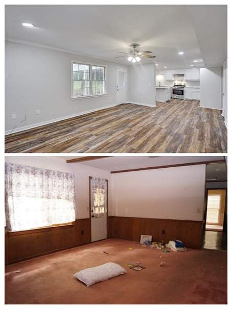 A before and after photo of a living room and kitchen.