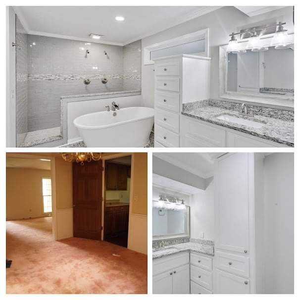 A collage of three pictures of a bathroom with a bathtub , sink , and mirror.