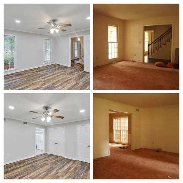 A collage of four pictures of a living room before and after being remodeled.