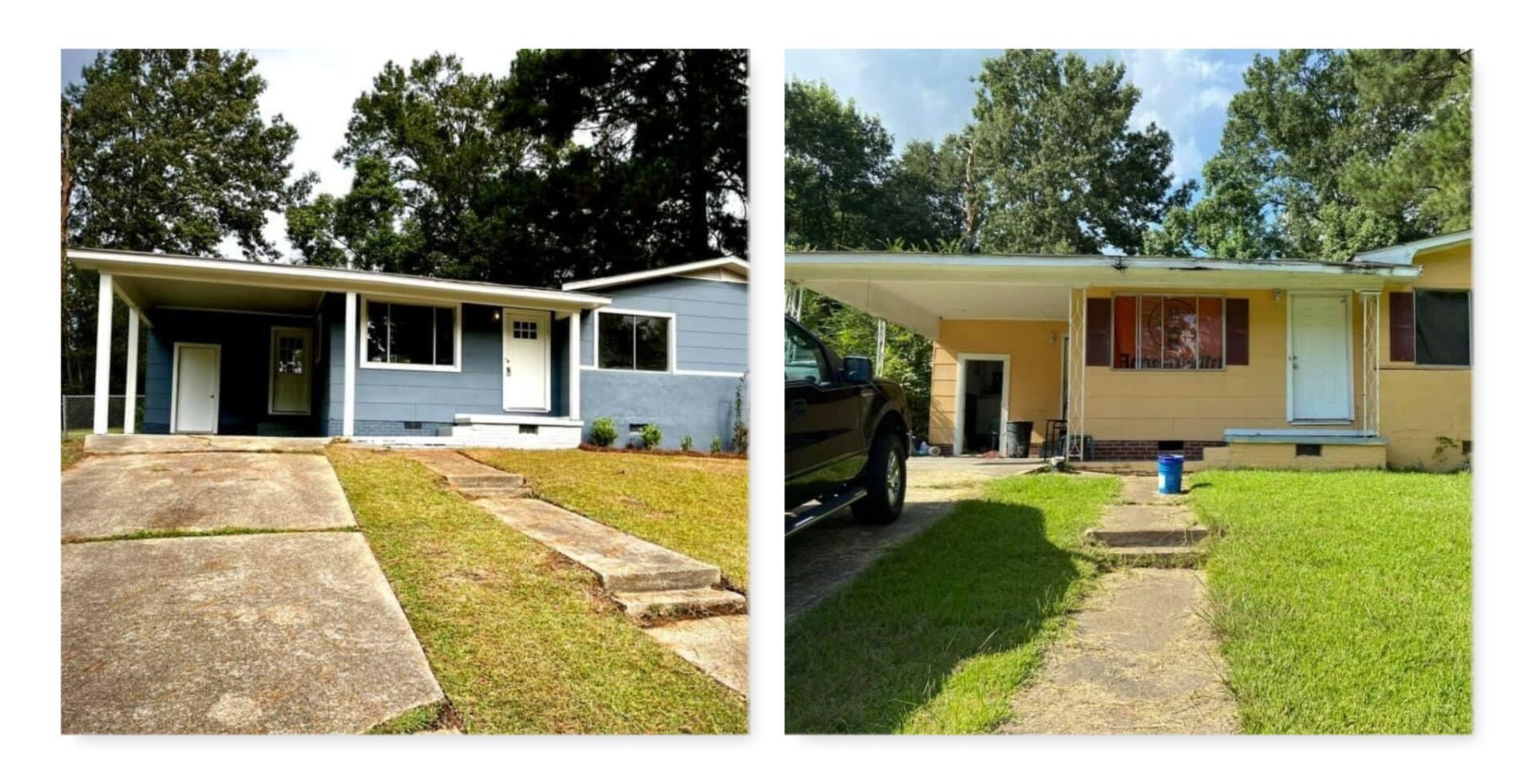 A before and after picture of a house with a truck parked in front of it.
