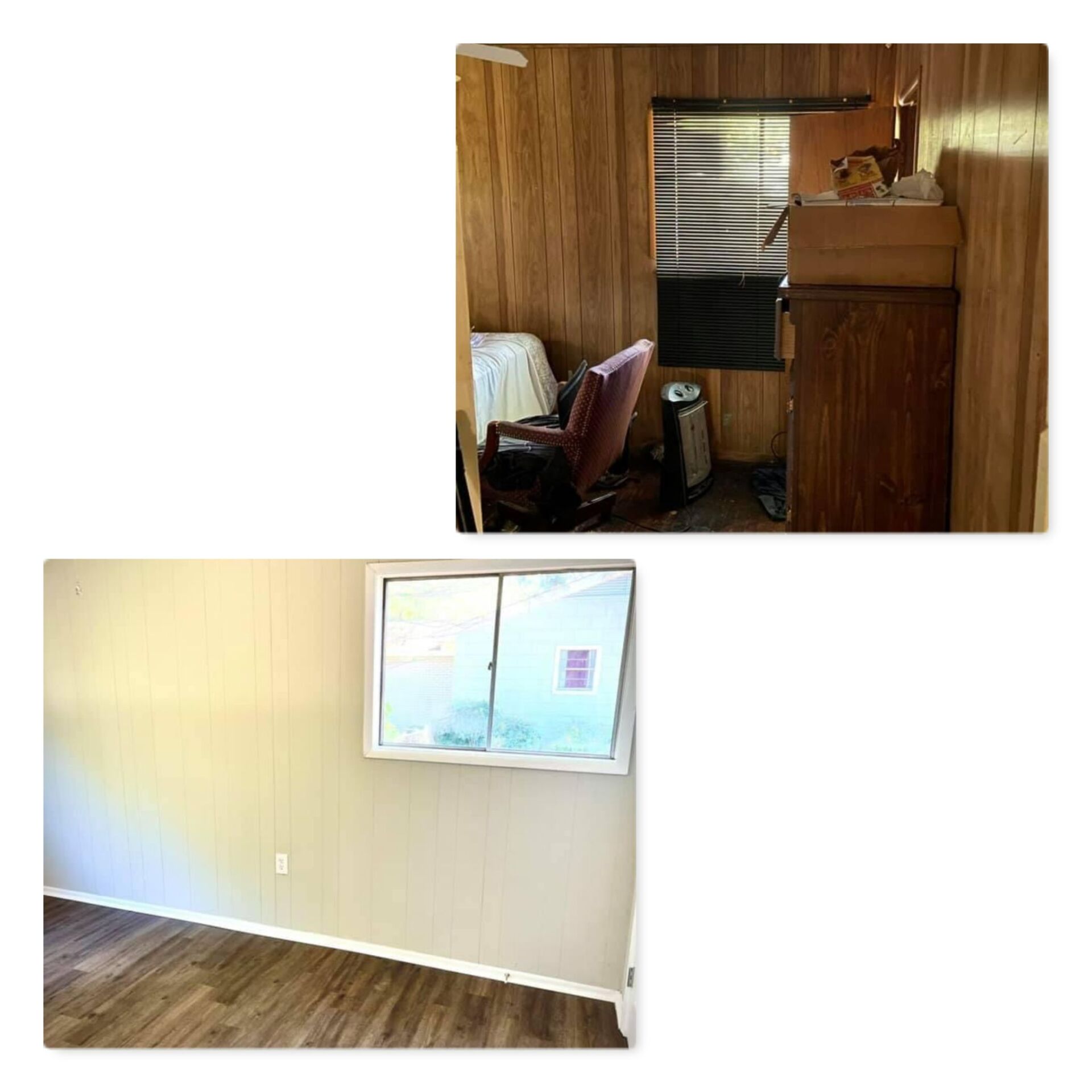 A before and after photo of a room with wood paneling and a window.