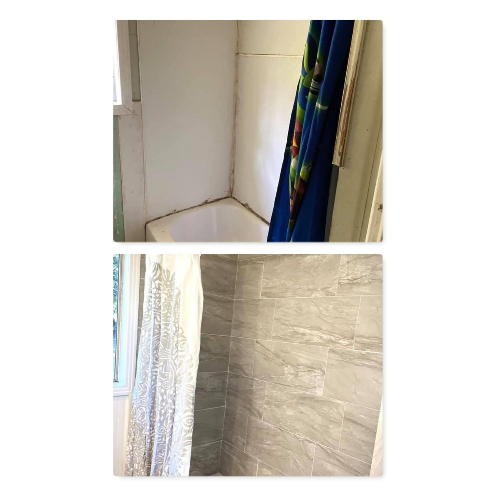 A before and after picture of a bathroom with a shower curtain.