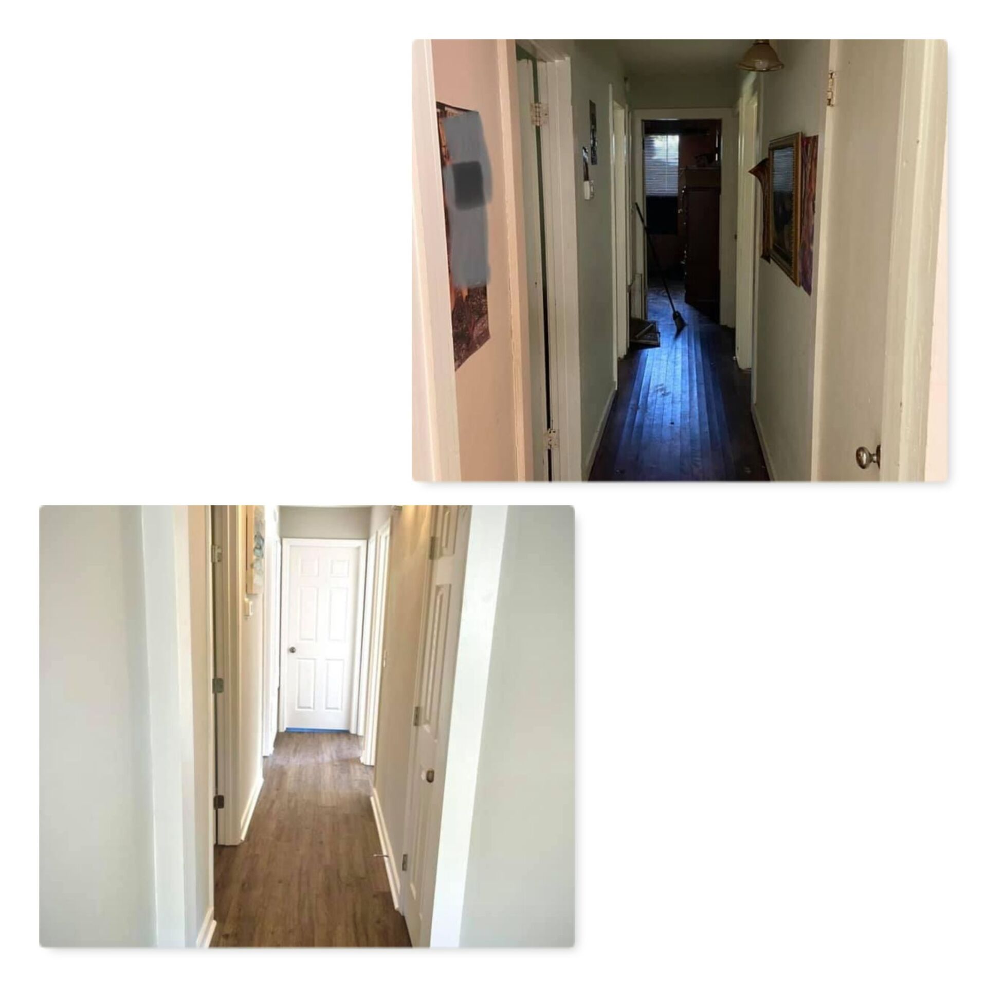 A before and after picture of a hallway in a house