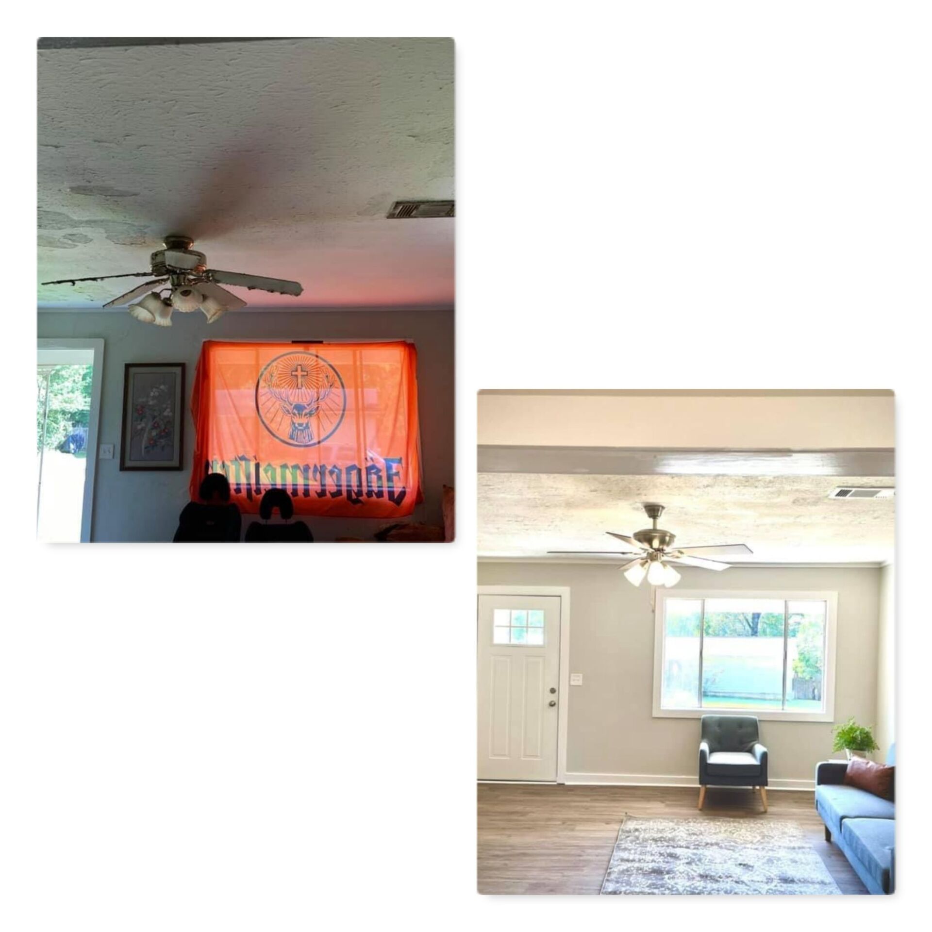A before and after photo of a living room with a ceiling fan