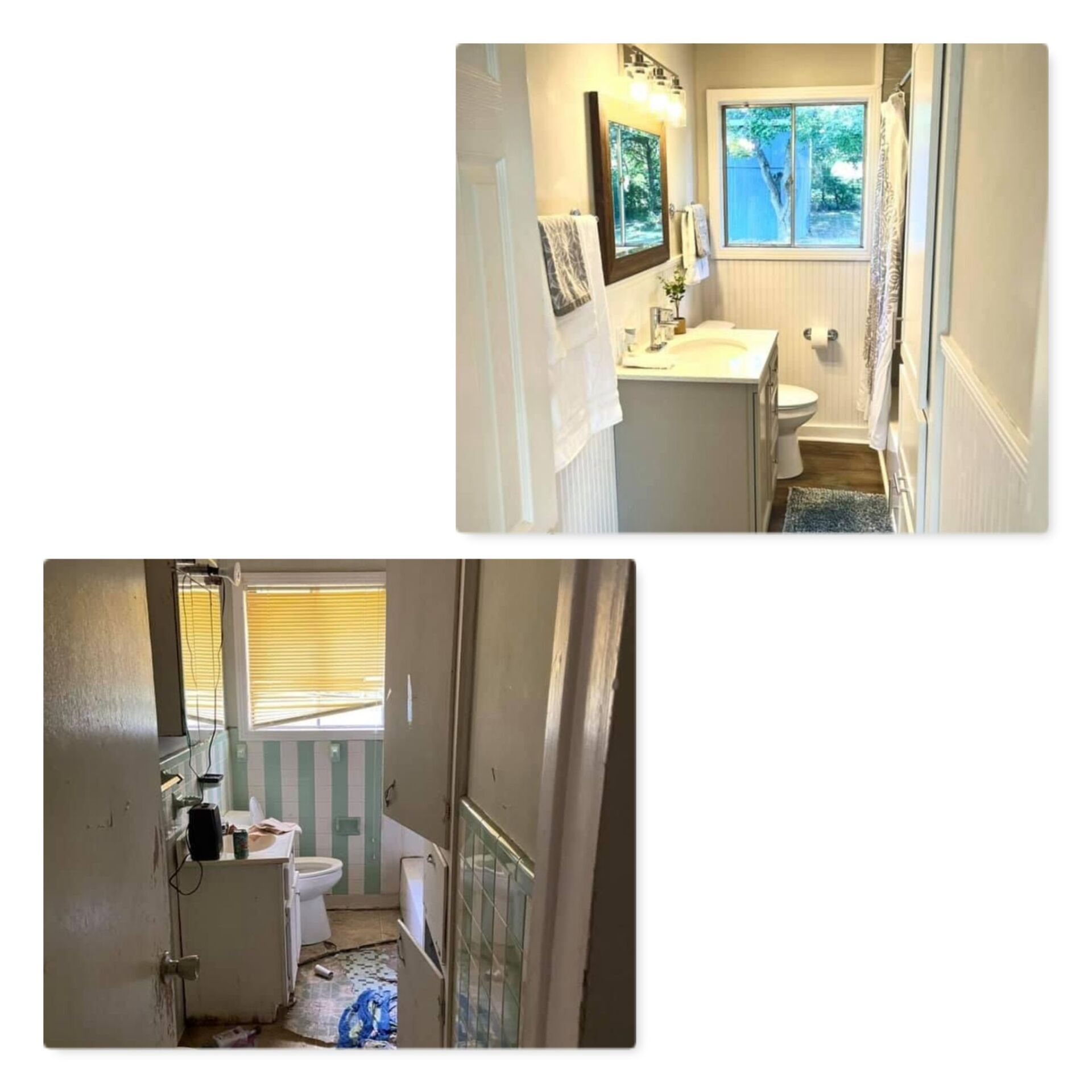 Two pictures of a bathroom before and after being remodeled.
