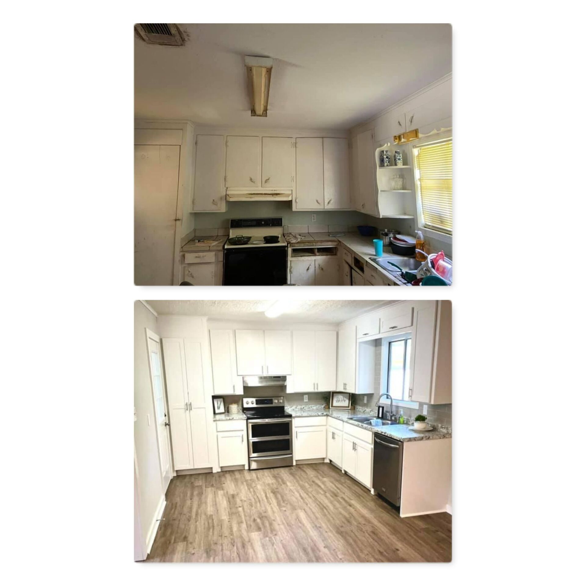 A before and after photo of a kitchen with white cabinets