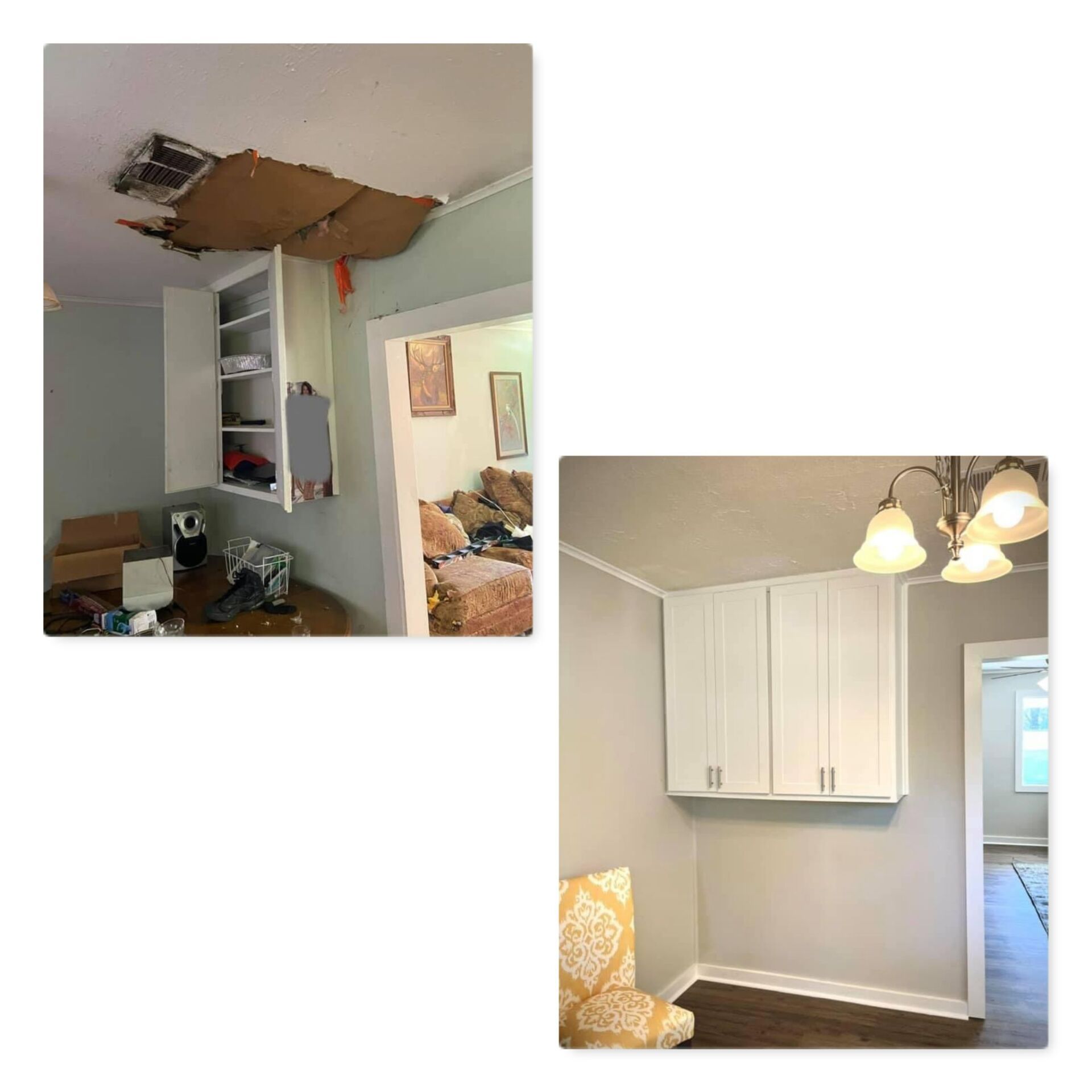 A before and after photo of a living room and dining room.