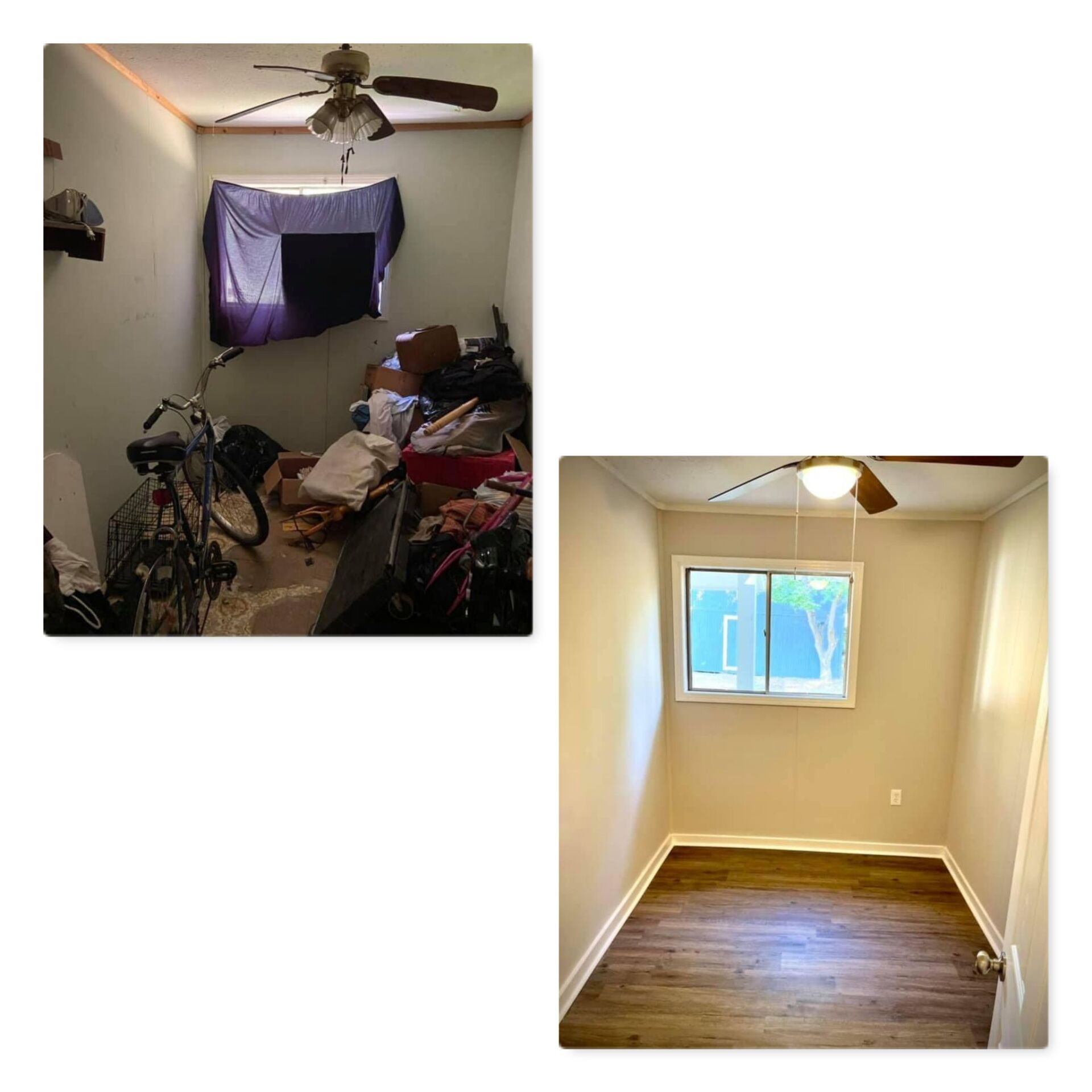 A before and after photo of a bedroom with a ceiling fan.