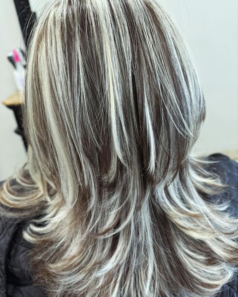 Woman's layered brown hair with thick blonde highlights cascading down her back.