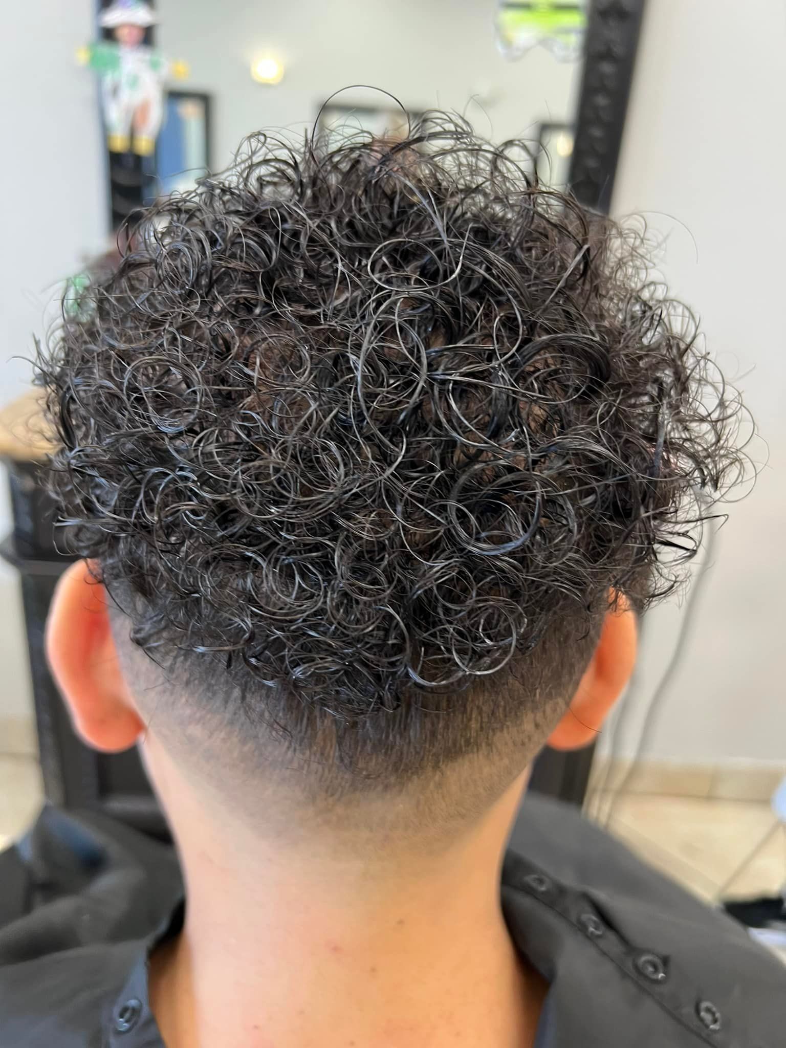 Close-up of a person's head with a curly dark hairstyle and a faded, closely-shaved nape.