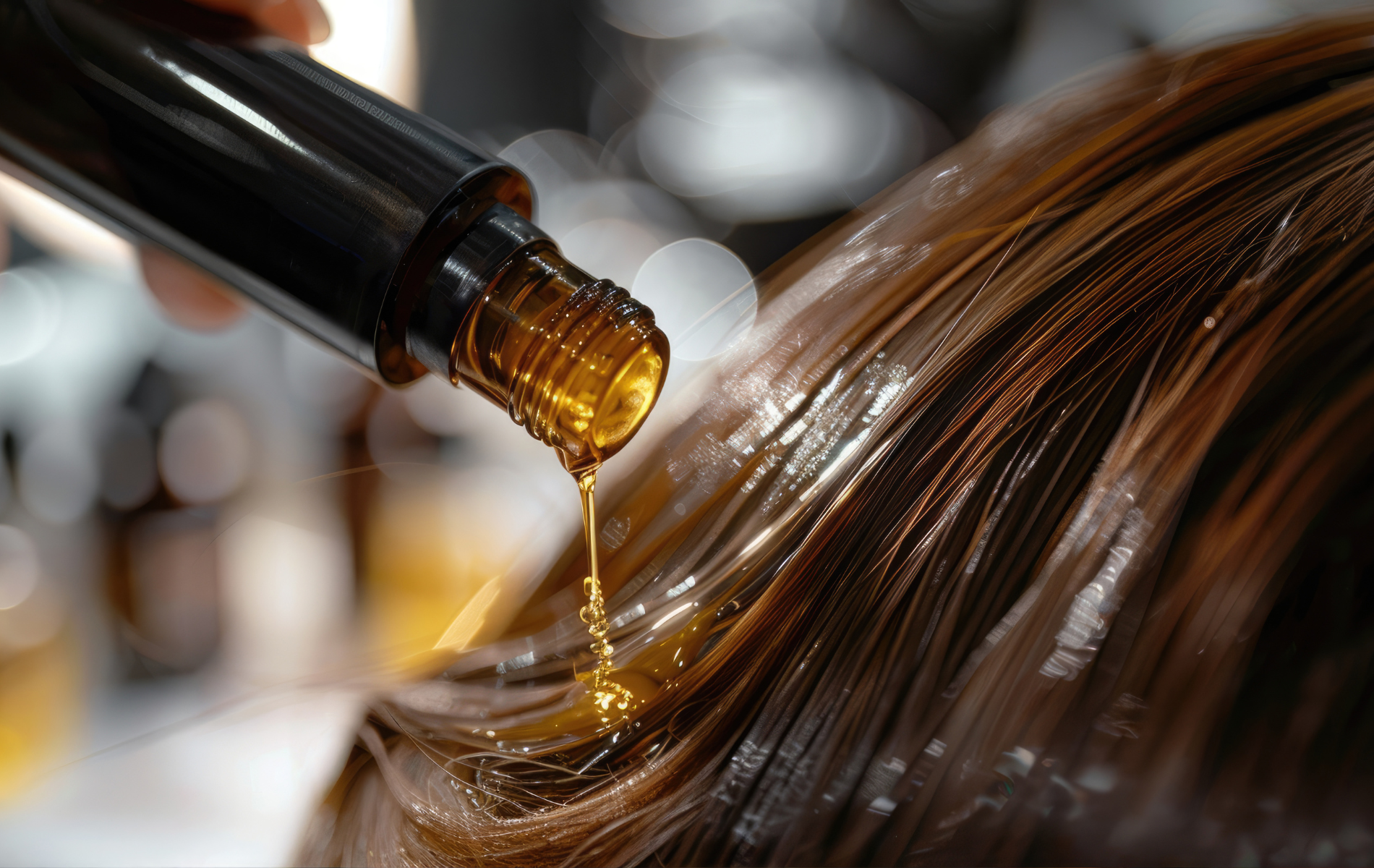 Hair being treated with oil from a brown bottle.