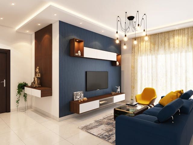 living room with blue accent wall