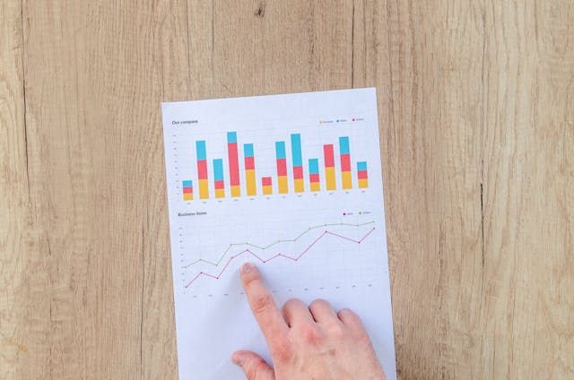 someone pointing at sheet with bar and line graphs