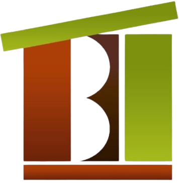 Stylized logo with green roof-like bar, brown and green columns, and a white abstract B in the center