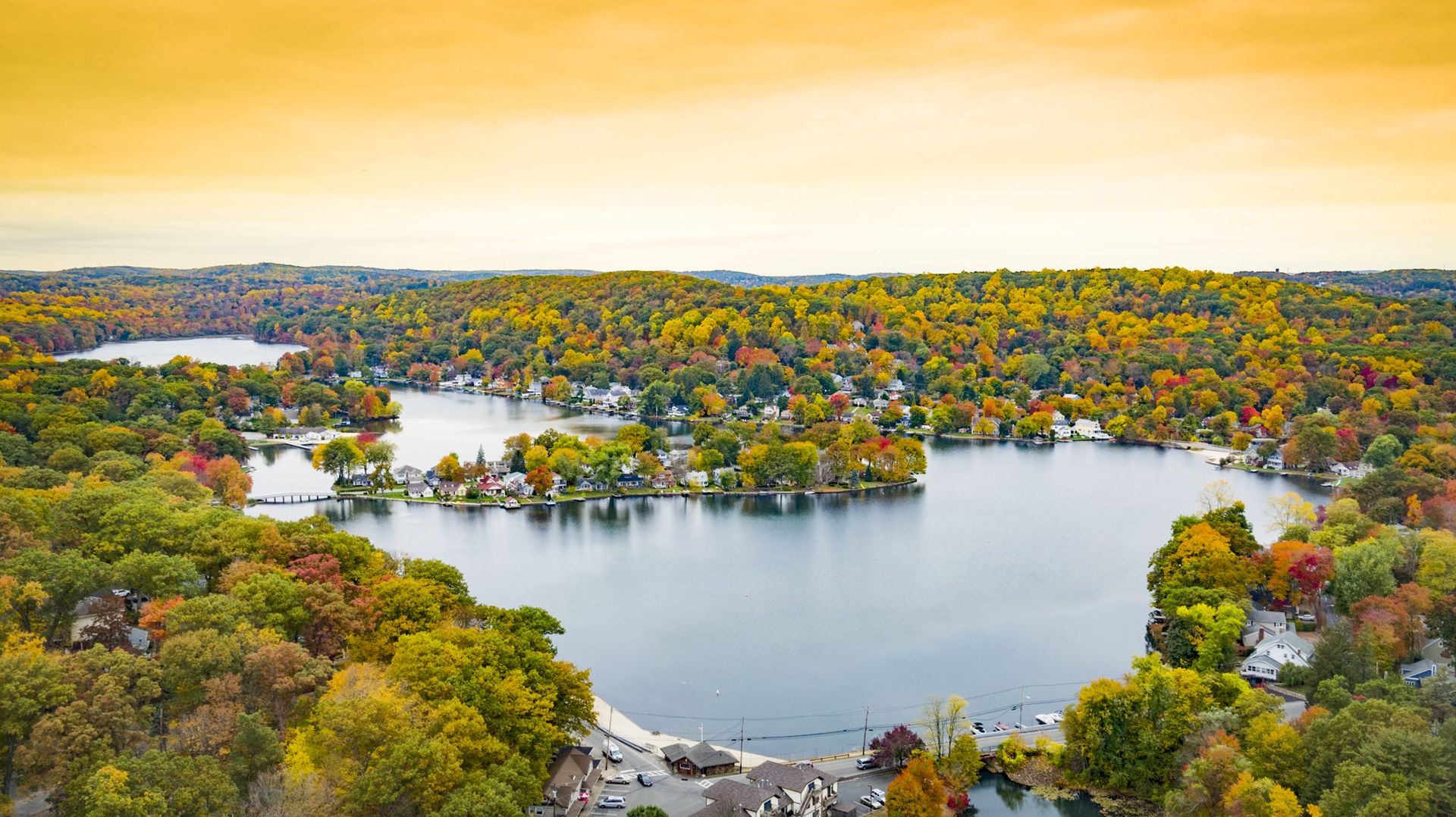 Aerial Drone Photography of Indian Lake New Jersey with Fall Foliage