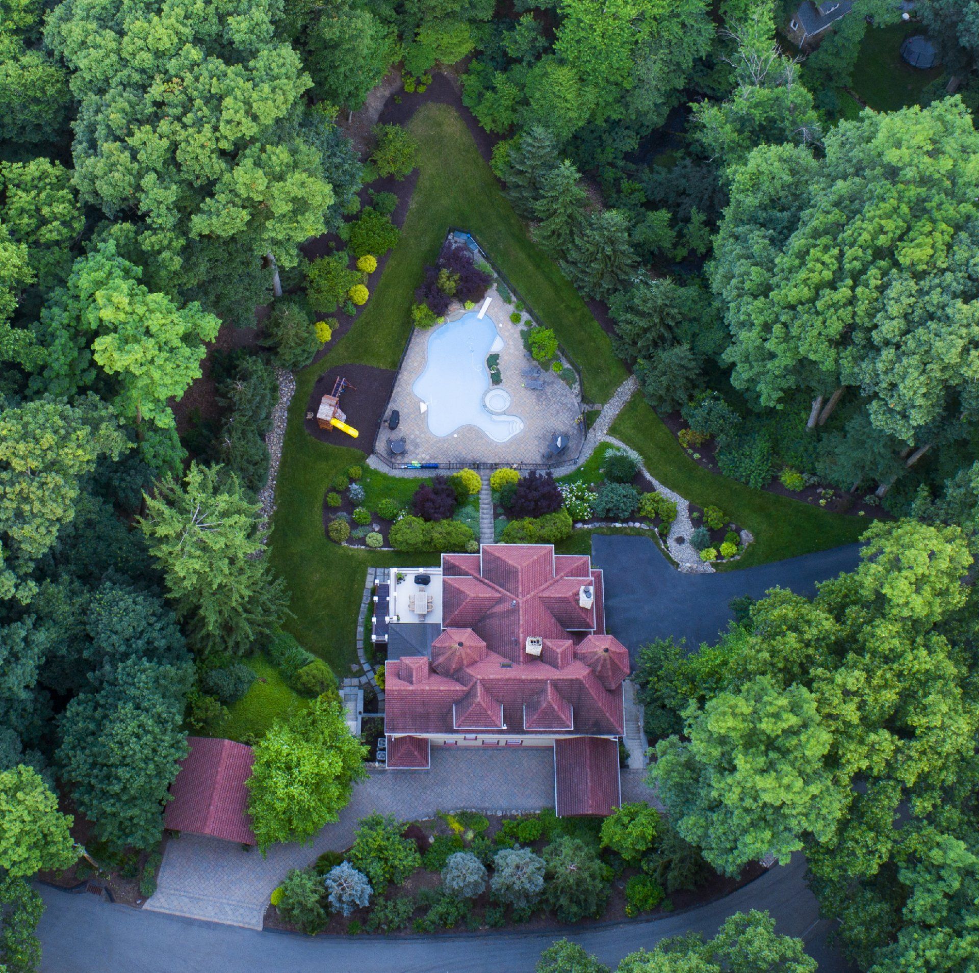 Aerial Drone Photograph of birds eye view of Home in Mountain Lakes, NJ