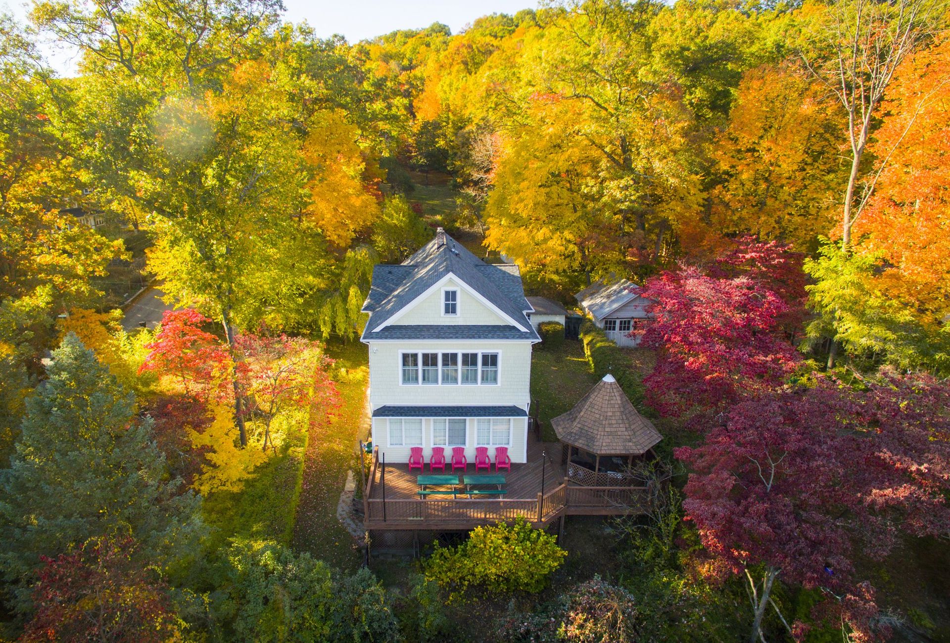 Aerial Drone Photography of House with Autumn Foliage