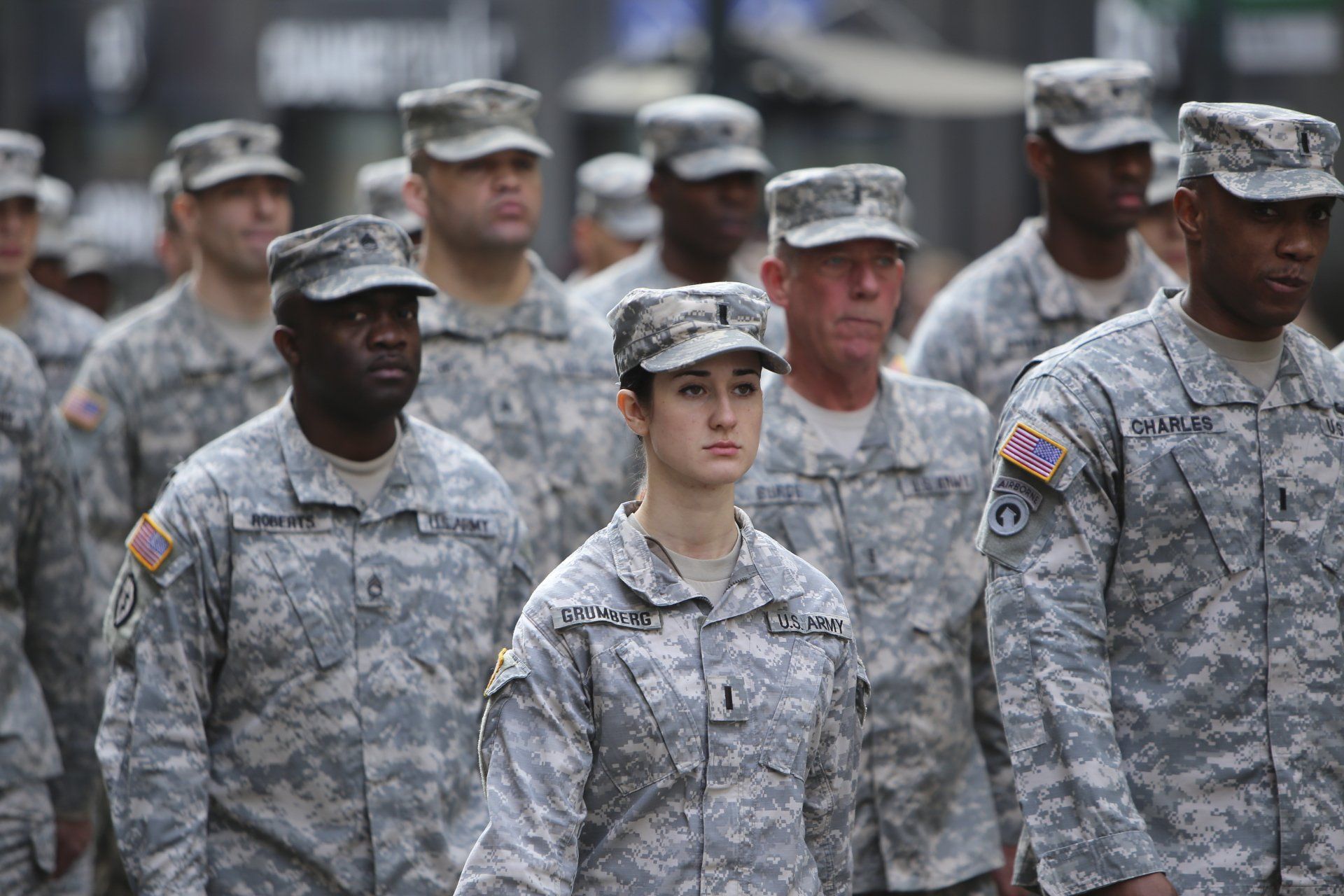 Military unit in marching formation.