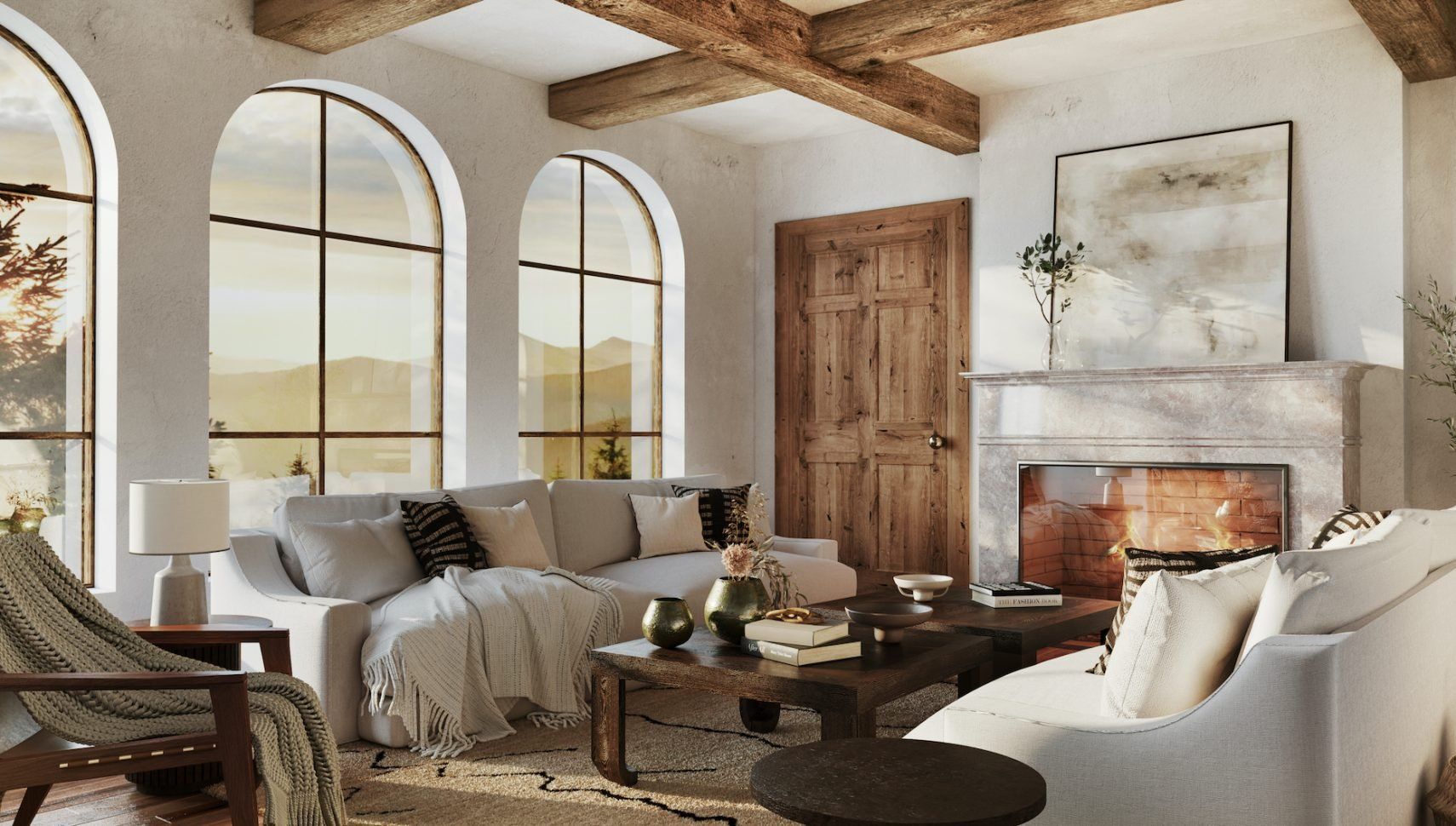 A living room filled with furniture and a fireplace.