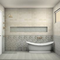 A bathroom with a tub , shower and window.