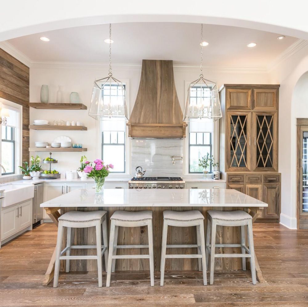 A kitchen with a large island and stools